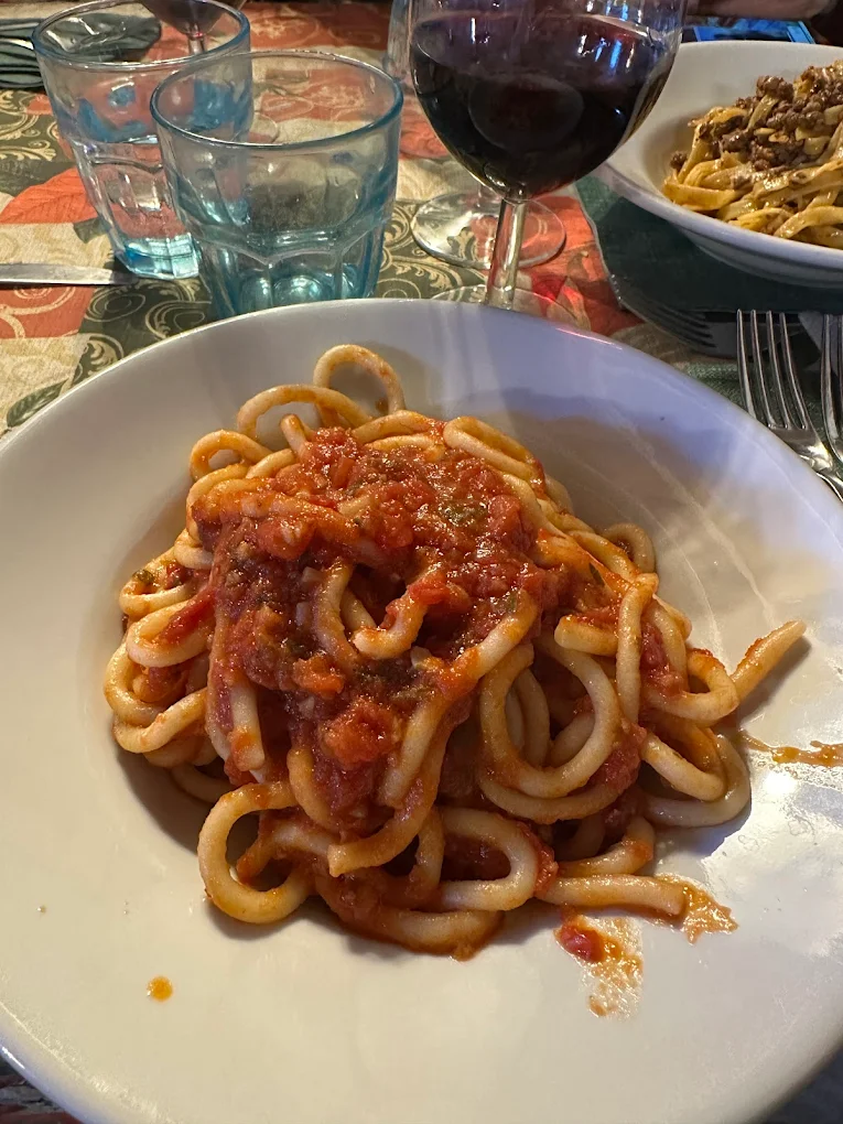 Pici alla cardinale al pomodoro Antica Trattoria Papei Siena con calice di rosso